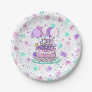 Pink and Purple Happy Birthday Party Paper Plate