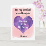 Pink and Purple Heart 11th Birthday Granddaughter Card<br><div class="desc">A personalised watercolor 11th birthday card for granddaughter that features a purple watercolor heart against a pink watercolor, which you can personalise underneath with her name. The inside card message reads a heartfelt birthday message, which can be personalised if wanted. The back features the same watercolor heart against the pink...</div>