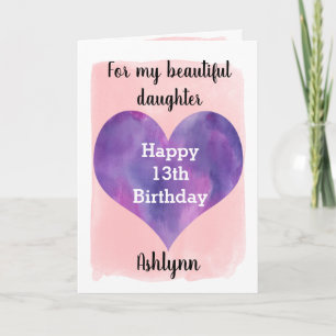 Pink and Purple Heart Happy 13th Birthday Daughter Card