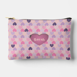Pink and Purple Hearts on Pink Background Accessory Pouch