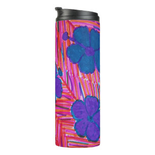 Pink and Purple Hibiscus and Palm Leaves Thermal Tumbler