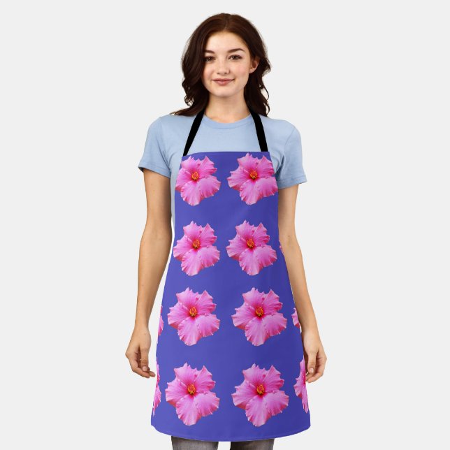 Pink And Purple Hibiscus Pattern, Full Print Apron (Worn)