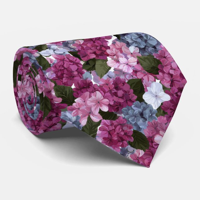 Pink and Purple Hydrangea Floral Pattern Tie (Rolled)