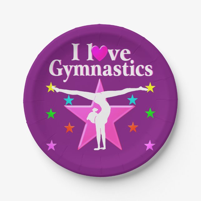 PINK AND PURPLE I LOVE GYMNASTICS PAPER PLATE (Front)