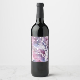 Pink and Purple Ink and White Tree Silhouette Wine Label