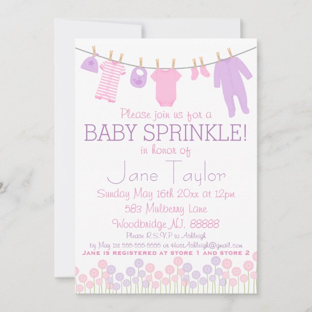 Pink and Purple Little Clothes Baby Sprinkle Invitation (Front)
