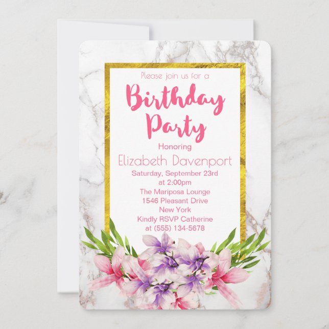 Pink and Purple Magnolias on Marble Birthday Invitation (Front)