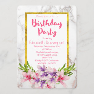 Pink and Purple Magnolias on Marble Birthday Invitation