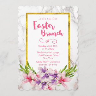 Pink and Purple Magnolias on Marble Easter Brunch Invitation
