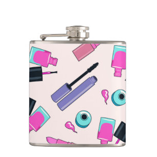 Pink and Purple Make Up Cosmetics Pattern Hip Flask