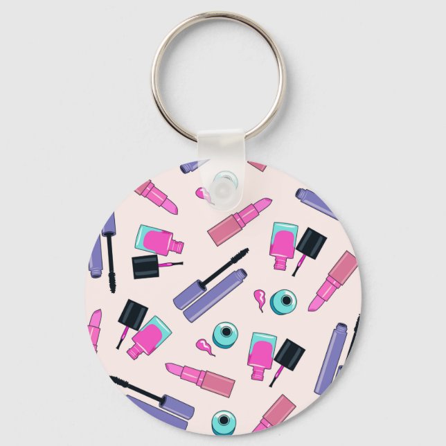 Pink and Purple Make Up Cosmetics Pattern Key Ring (Front)