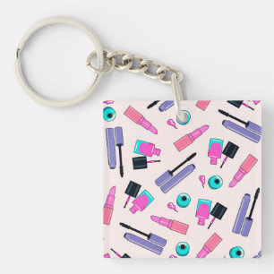 Pink and Purple Make Up Cosmetics Pattern Key Ring