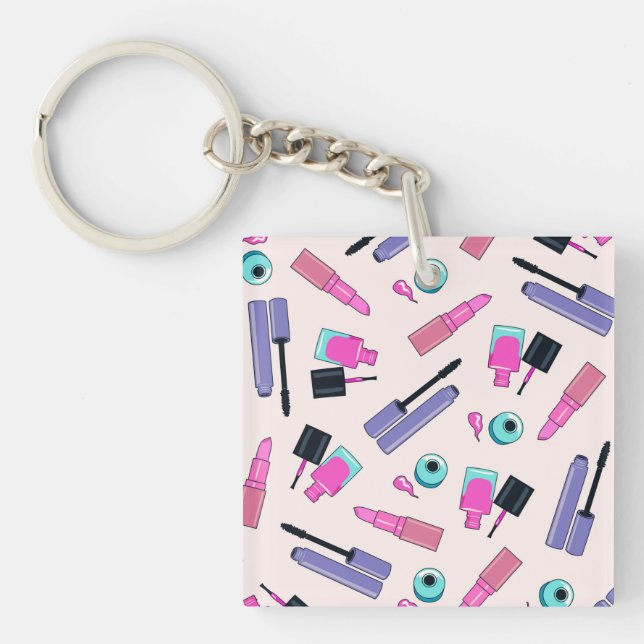 Pink and Purple Make Up Cosmetics Pattern Key Ring (Front)