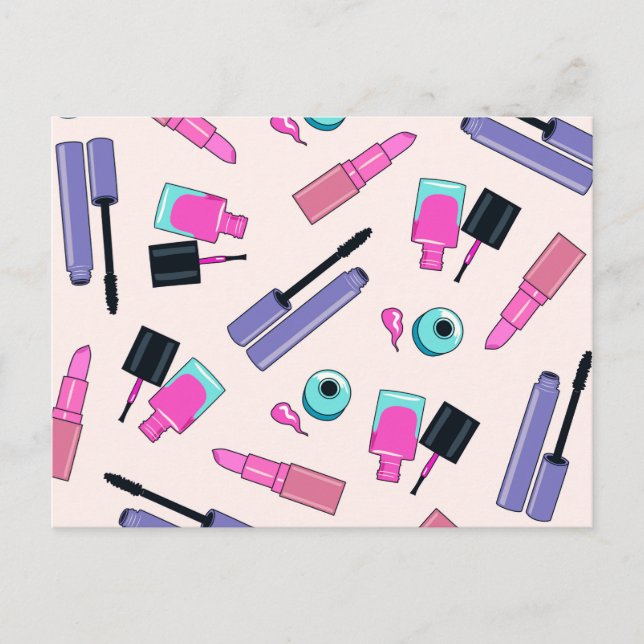 Pink and Purple Make Up Cosmetics Pattern Postcard (Front)