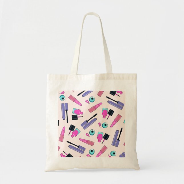 Pink and Purple Make Up Cosmetics Pattern Tote Bag (Front)