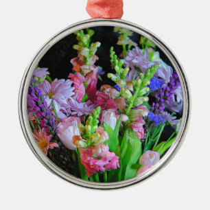 Pink and Purple Mixed Flowers Metal Ornament