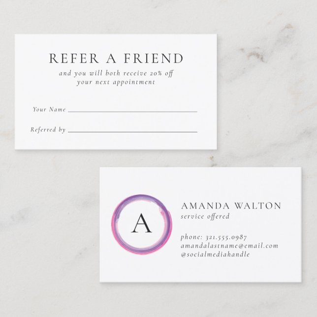 Pink and Purple Monogram Modern Business Referral Card (Front/Back)