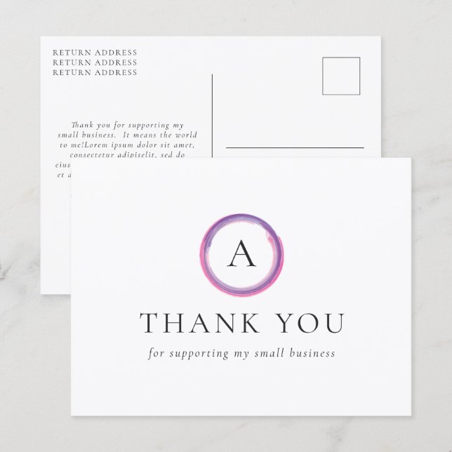 Pink and Purple Monogram Modern Business Thank You Postcard (Front/Back)