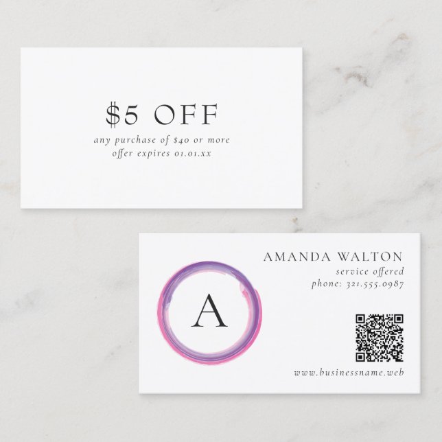 Pink and Purple Monogram QR Code Modern Discount Card (Front/Back)