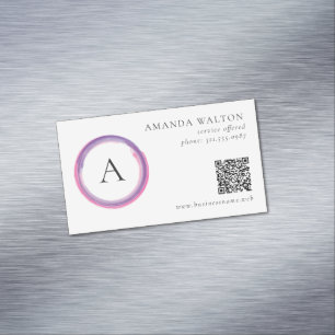 Pink and Purple Monogram QR Code Modern Magnetic Business Card