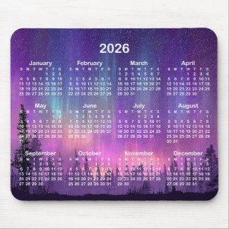 Pink and Purple Northern Lights 2026 Calendar Mouse Pad