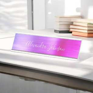 Pink and Purple Ombre Foil Modern Girly Desk Name Plate