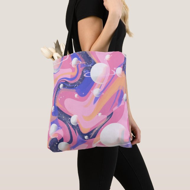 Pink And Purple Outer Space Swirl Abstract Tote Bag (Close Up)