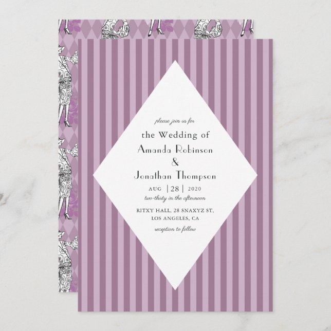 Pink and Purple Paris Art Deco Wedding Invitation (Front/Back)