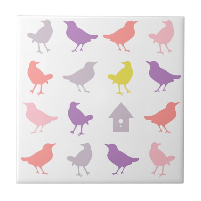 Pink and Purple Pastel Birds with Birdhouse Ceramic Tile (Front)
