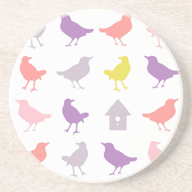 Pink and Purple Pastel Birds with Birdhouse Coaster (Front)