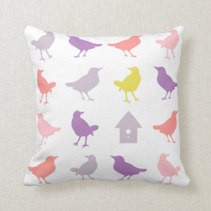 Pink and Purple Pastel Birds with Birdhouse Cushion