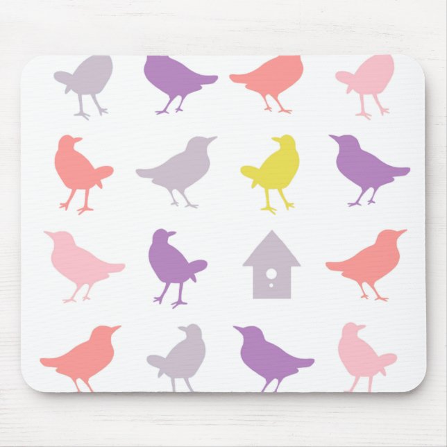 Pink and Purple Pastel Birds with Birdhouse Mouse Pad (Front)