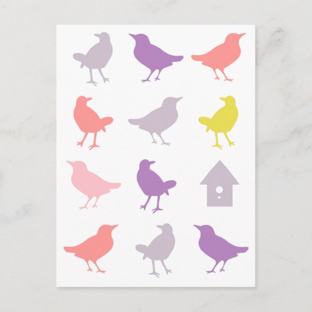 Pink and Purple Pastel Birds with Birdhouse Postcard (Front)