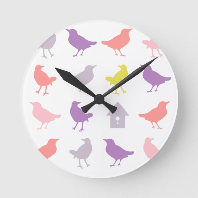 Pink and Purple Pastel Birds with Birdhouse Round Clock (Front)