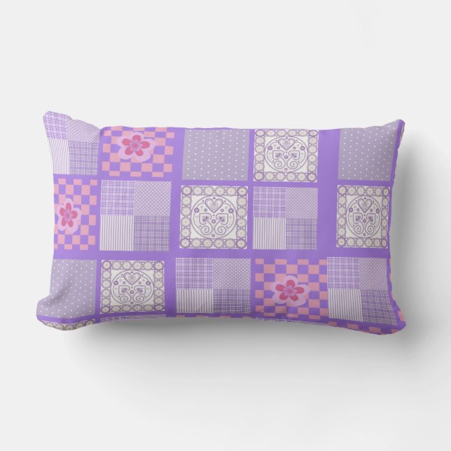 Pink and Purple Patchwork Design Lumbar Cushion (Front)
