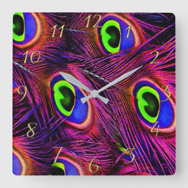 Pink and purple peacock feather texture design square wall clock (Front)