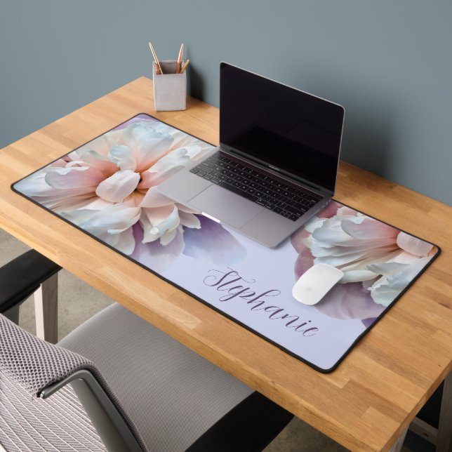 Pink and Purple Peonies Custom Script Name Desk Mat (Office 2)