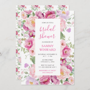 Pink and Purple Peony Flowers Bridal Shower Invitation