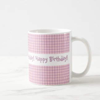 Pink and Purple Plaid Design Happy Birthday Coffee Mug
