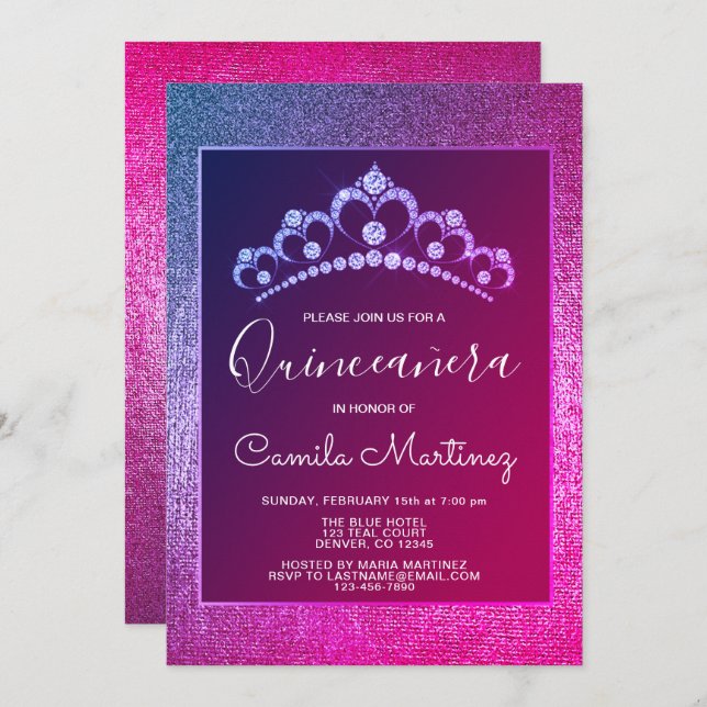 Pink and Purple Quinceanera with Tiara Invitation (Front/Back)