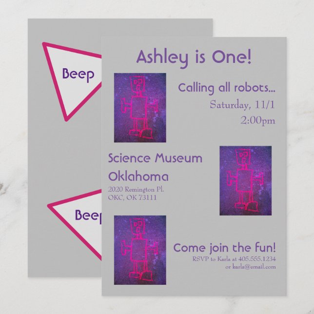Pink and Purple Robot Science Party Invitation (Front/Back)