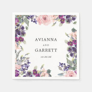 Pink and Purple Rose Floral Personalised Wedding Napkin