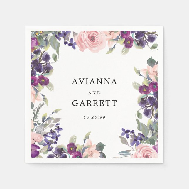 Pink and Purple Rose Floral Personalised Wedding Napkin (Front)