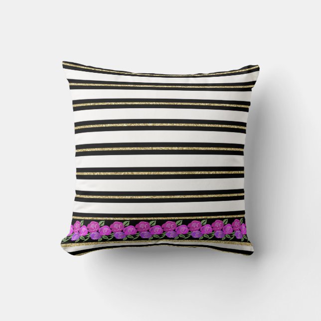Pink and Purple Roses, Black, White, Gold Cushion (Front)