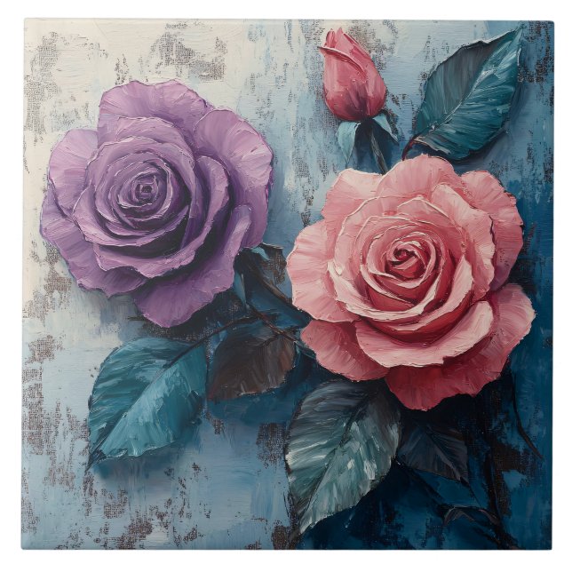 Pink and Purple Roses Distressed Background Ceramic Tile (Front)