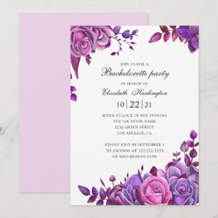 Pink and purple roses. Floral bachelorette party Invitation