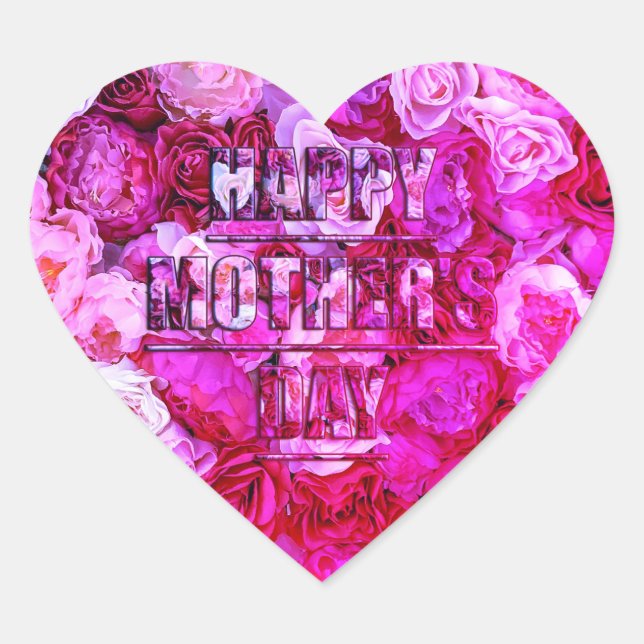 Pink and Purple Roses Floral Happy Mother's Day Heart Sticker (Front)