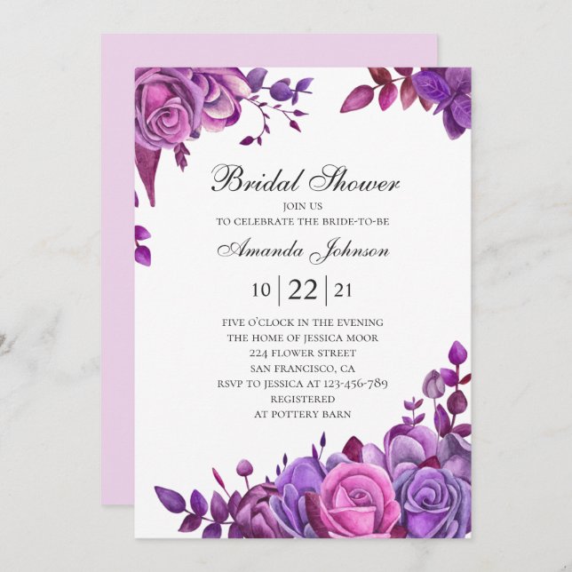 Pink and purple roses. Floral lilac bridal shower Invitation (Front/Back)