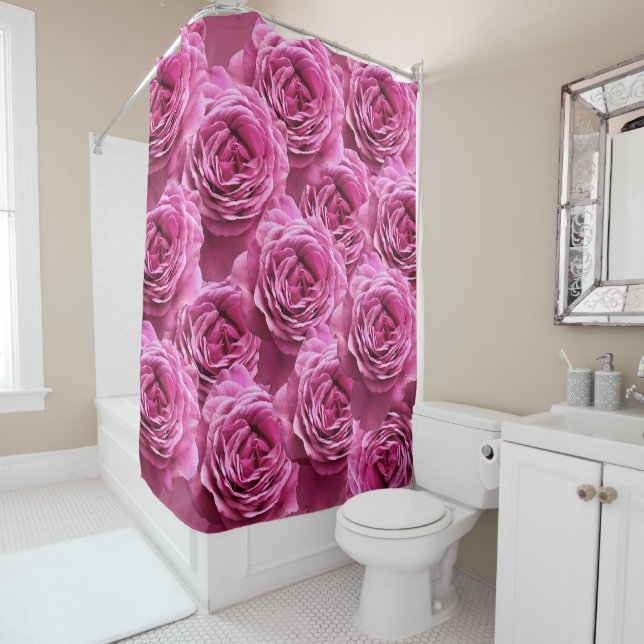 Pink and purple roses patterns shower curtain (In Situ)