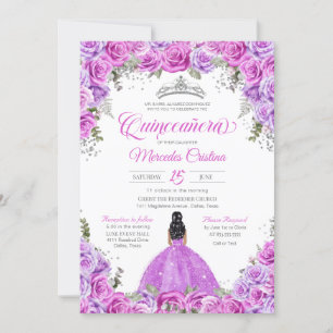 Pink and Purple Roses & Silver Tiara Quinceanera Invitation